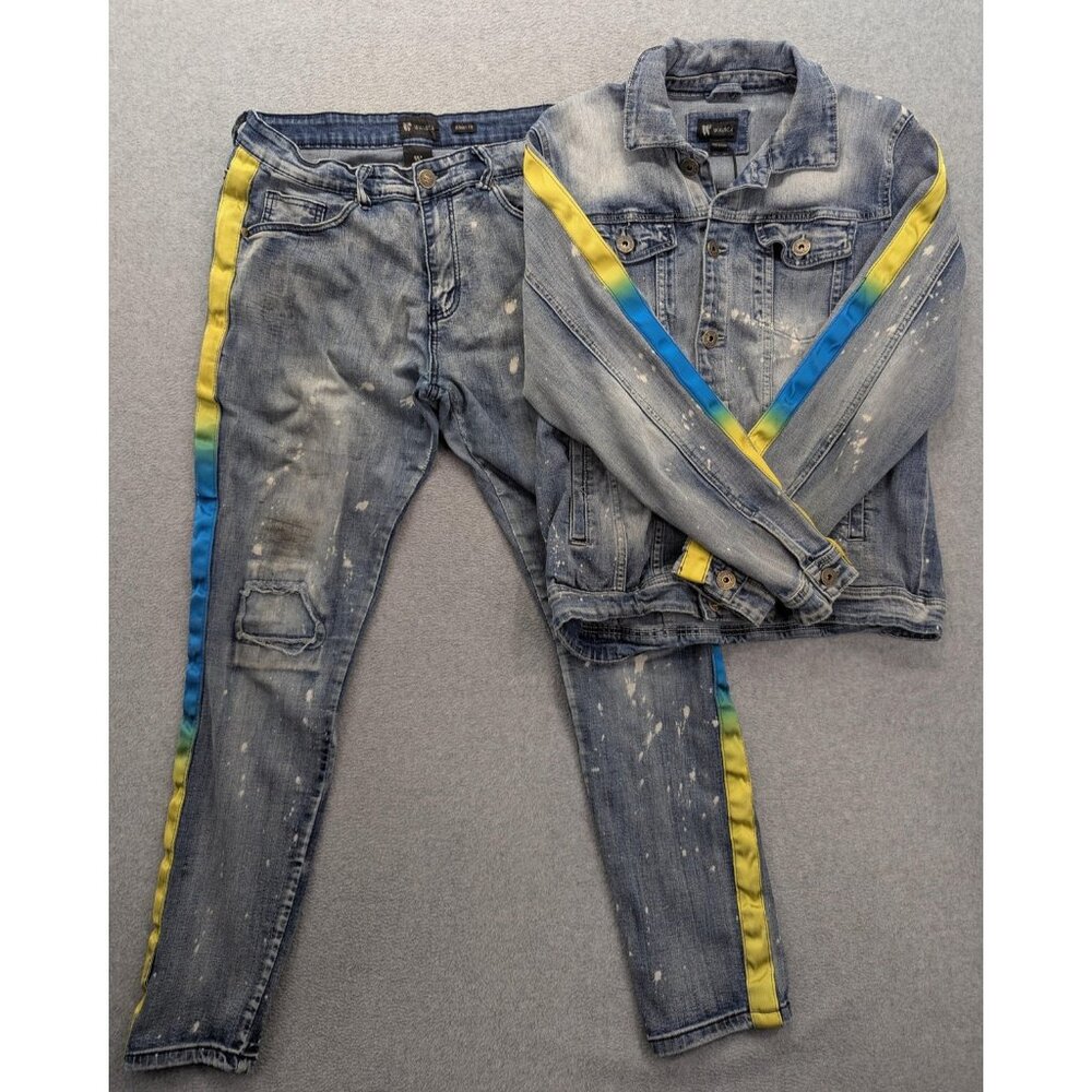Waimea Skinny Fit Jeans Jacket Set Mens 34x32 Blue Distressed Side Stripe L